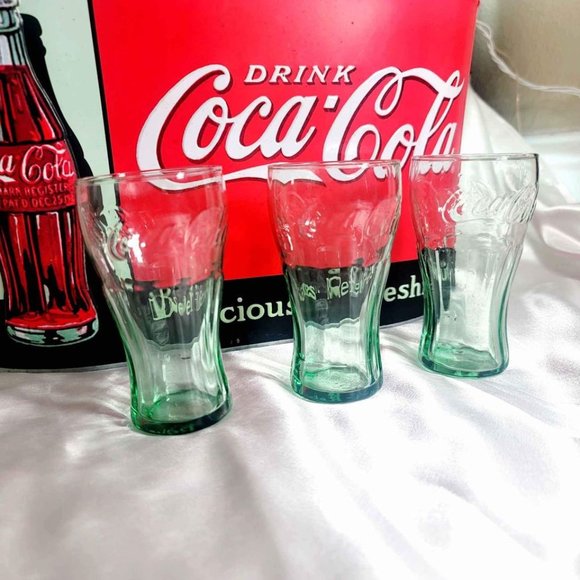 Vintage Set of 3 Libbey Mini Coca Cola Coke Glasses 4 3/8" Green Look 6.25 OZ - Picture 2 of 4